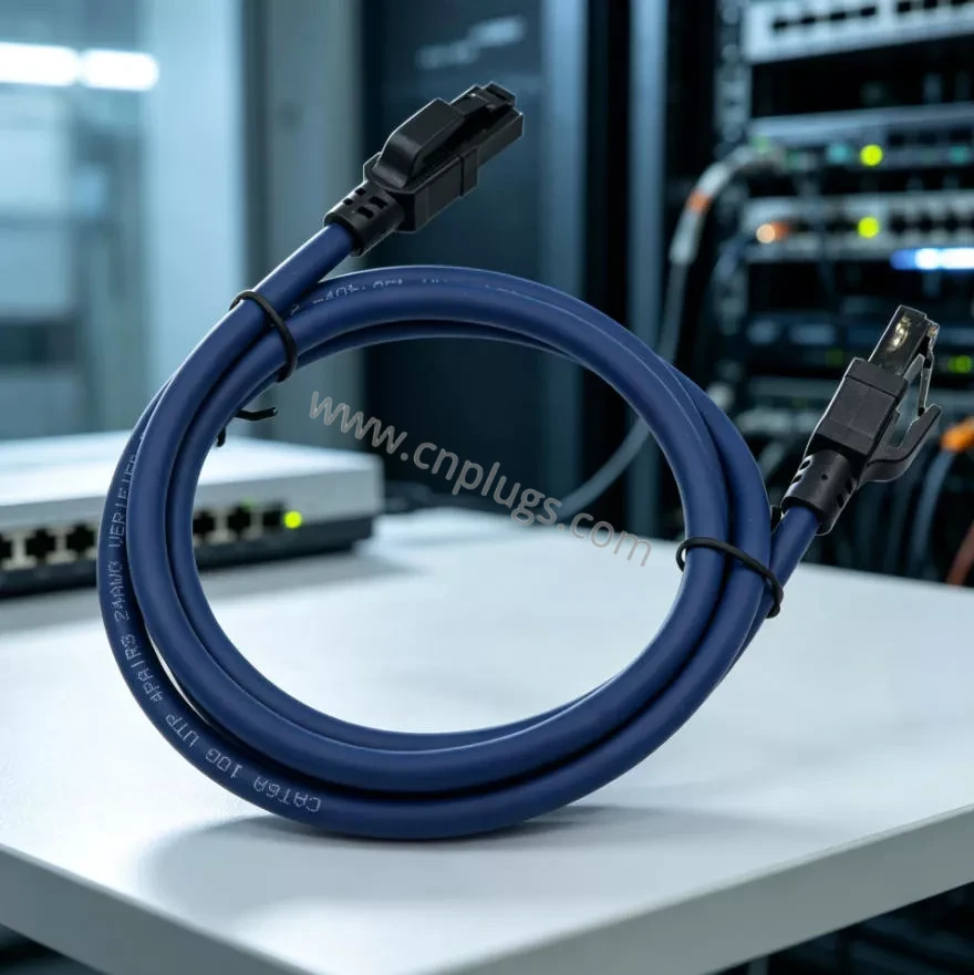 PROUNTA Cat6 UTP round ethernet patch cable in blue, coiled on desk with server rack background - high-flex round solid conductor