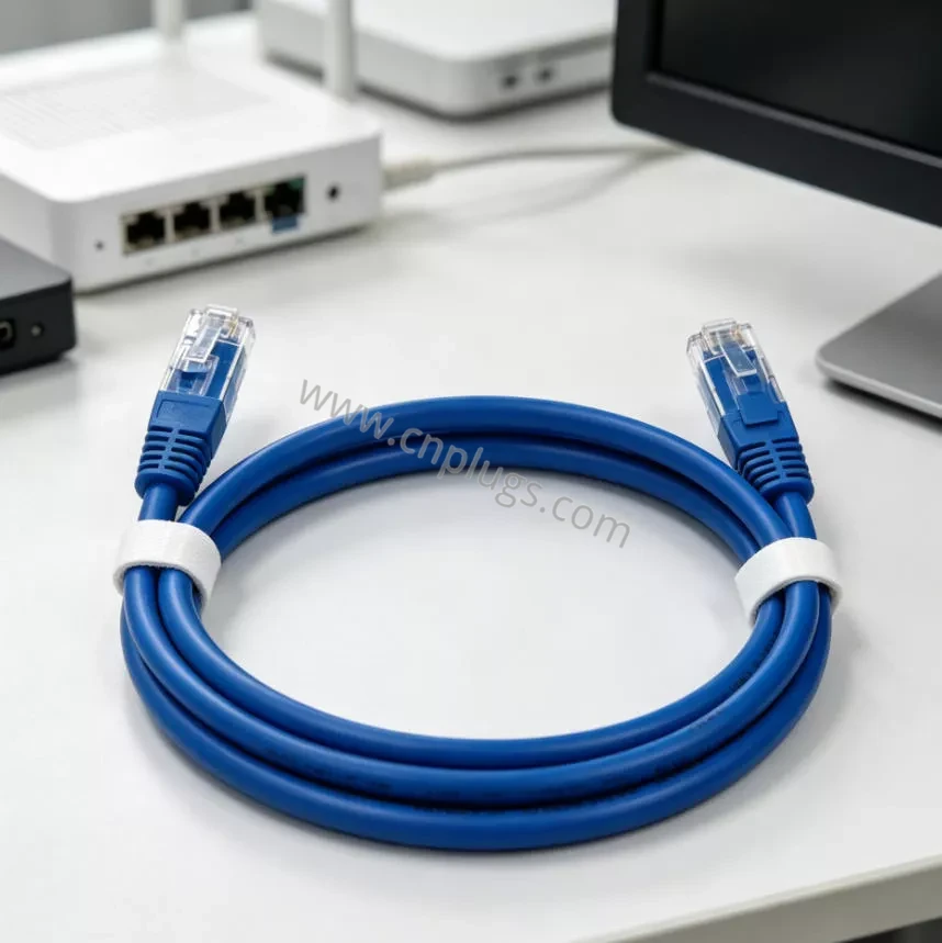 Cat6 Round UTP Ethernet Patch Cable – 8P8C Round Solid Conductor, High-Flex 3 PROUNTA Cat6 UTP round ethernet patch cable in blue, laid flat next to network router - 8P8C round solid conductor