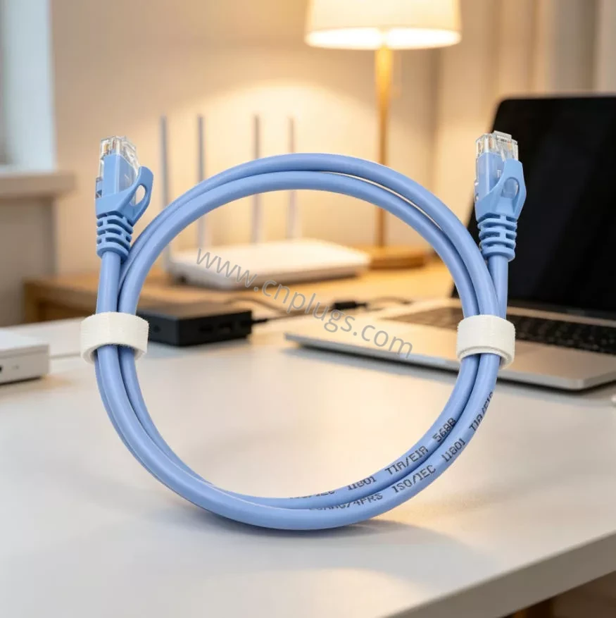 Cat6 Round UTP Ethernet Patch Cable – 8P8C Round Solid Conductor, High-Flex 2 Light blue PROUNTA Cat6 UTP round ethernet patch cable coiled on desk with laptop - custom length high-flex networking cable