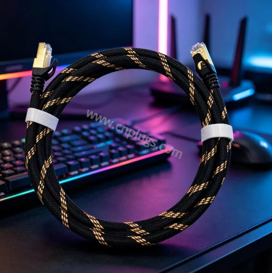 Cat7 Round Shielded Ethernet Patch Cable – 8P8C STP for Industrial Applications 1 PROUNTA Cat7 STP shielded ethernet patch cable with braided jacket, coiled for high-flex industrial and gaming applications