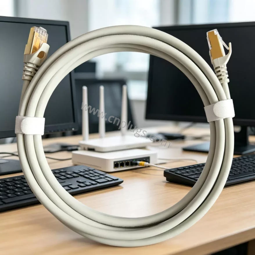 Cat7 Round Shielded Ethernet Patch Cable – 8P8C STP for Industrial Applications 2 PROUNTA Cat7 STP shielded ethernet patch cable in white, coiled on desk with computer setup - 600MHz industrial networking