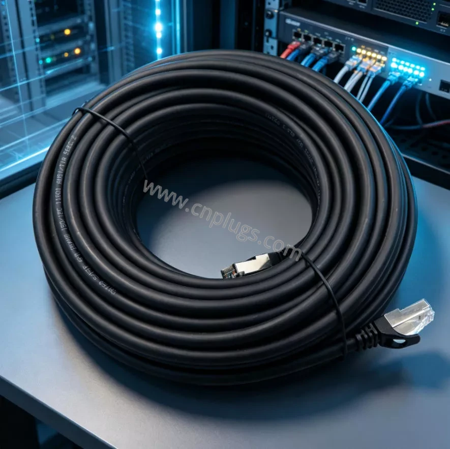 Cat7 Round Shielded Ethernet Patch Cable – 8P8C STP for Industrial Applications 3 PROUNTA Cat7 STP shielded ethernet patch cable in black, coiled with server rack background for industrial EMI protection