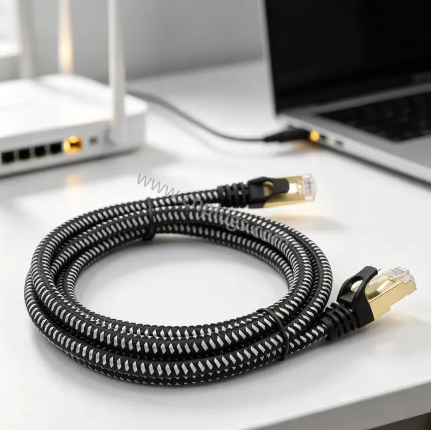 Cat7 Round Shielded Ethernet Patch Cable – 8P8C STP for Industrial Applications 4 PROUNTA Cat7 STP shielded ethernet patch cable with corrugated tube jacket, coiled next to router for enhanced EMI shielding