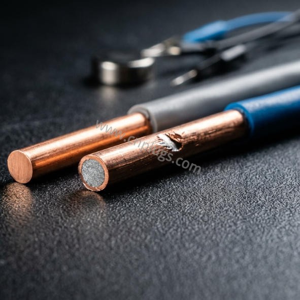Copper-Clad Aluminum Fails at the Contact 4 Copper-clad aluminum conductor beside solid copper in cross-section, with magnet and four-wire test clips