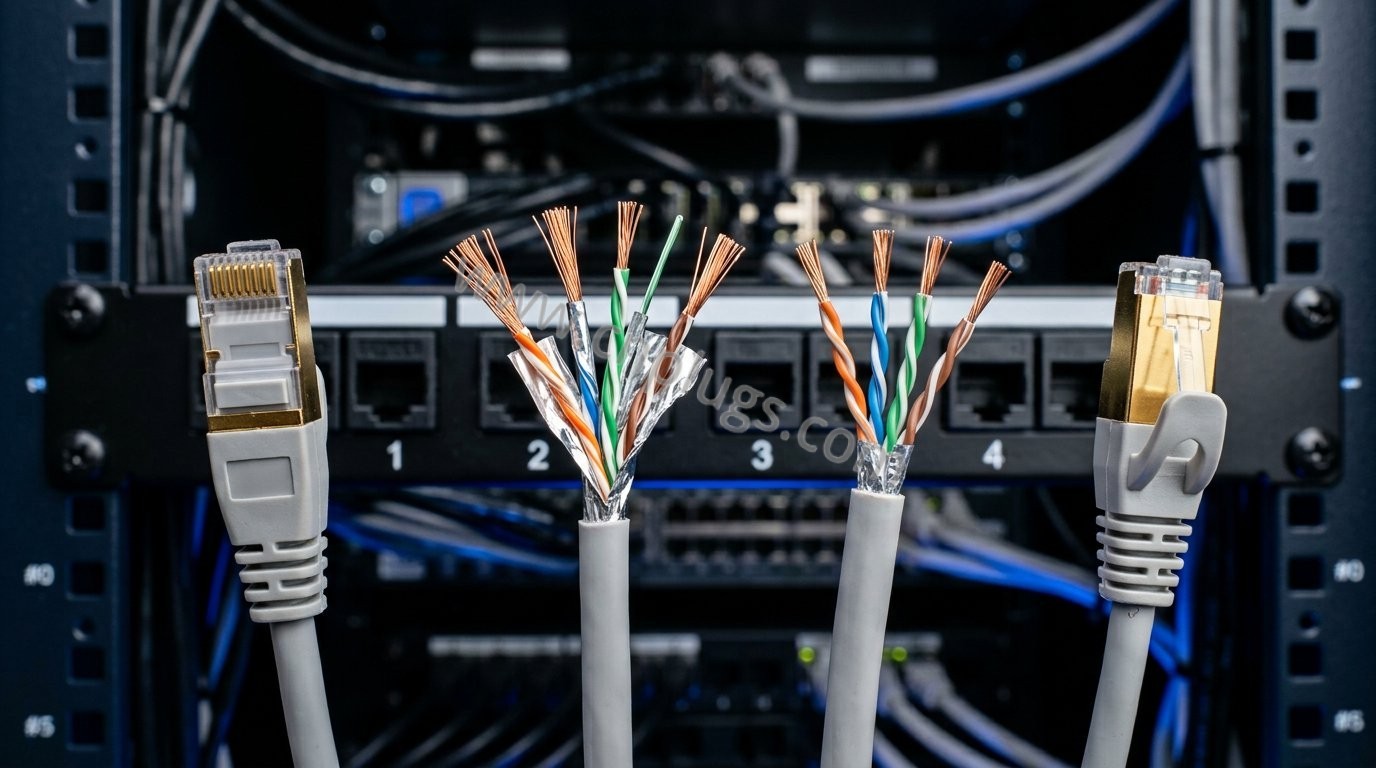 Your Permanent Link Passed. The Patch Cord Did Not. 3 RJ45 patch cords stripped to show foil screens and stranded copper conductors in front of a numbered patch panel