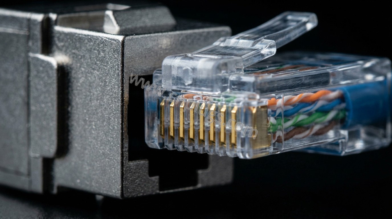 RJ45 Plugs Do Not Fail Electrically First 5 RJ45 plug retention: gold blades and crimp barrel of a shielded plug pulled partway from a keystone jack