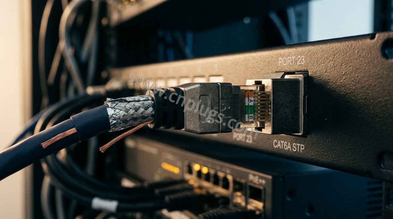 PoE++ Does Not Fail in the Cable First 6 Terminated Cat6A STP RJ45 plug in a shielded jack on a PoE++ patch panel, drain wire and braid exposed
