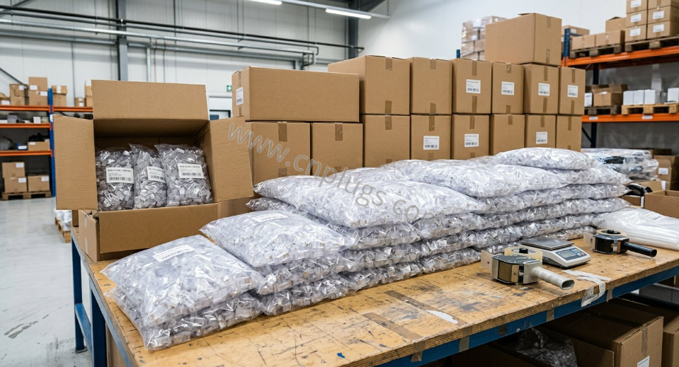 How to Find and Verify an RJ45 Connector Manufacturer in China 2 Bagged RJ45 plugs in bulk cartons ready for export