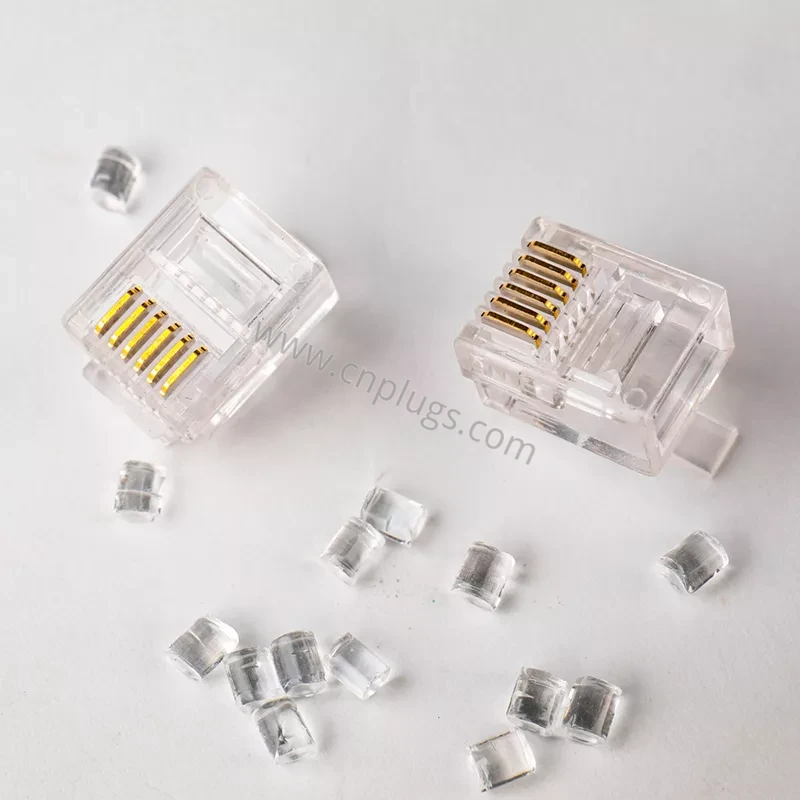 RJ12 6P6C Telephone Modular Plug 2 Single transparent 6P6C RJ12 plug front view with six gold contacts