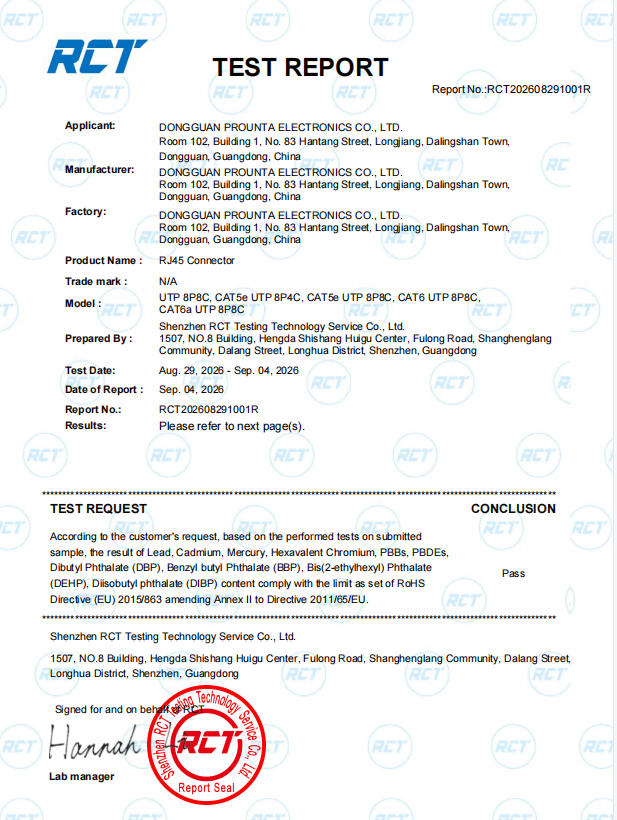 RoHS Certificate for 8P8C UTP RJ45 Connector - PROUNTA Environmental Compliance