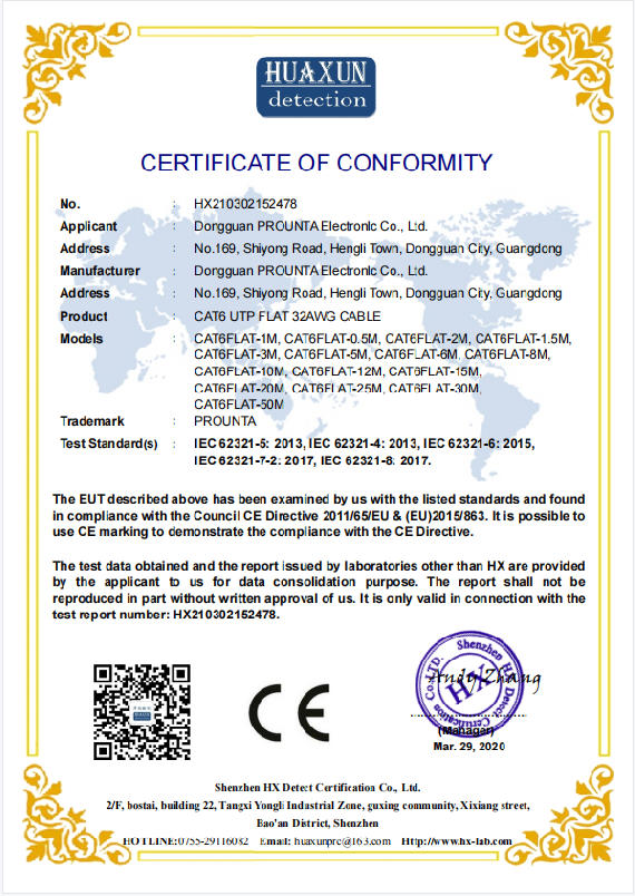 CE Certificate for Cat6 Flat UTP RJ45 Connector - PROUNTA Compliance