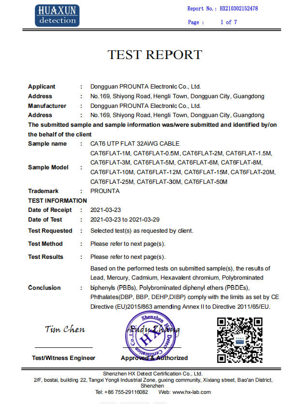 CE Test Report for Cat6 Flat UTP RJ45 Connector - PROUNTA Technical Documentation