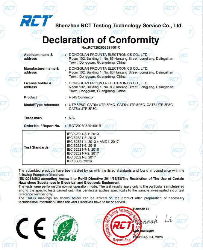 RoHS Certificate RCT202608291001C - PROUNTA Environmental Compliance