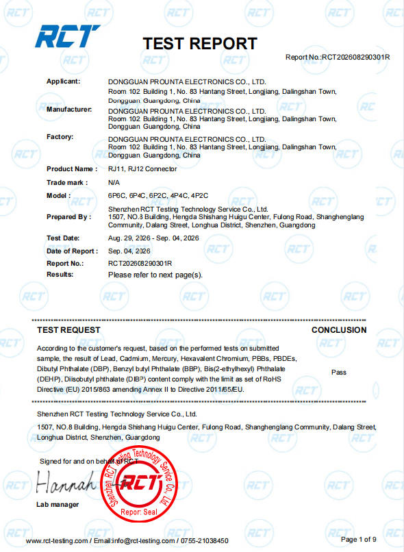 RoHS Certificate for RJ11 6P6C Connector - PROUNTA Environmental Compliance