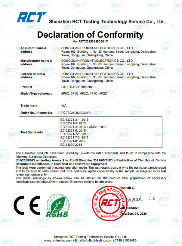 RoHS Certificate for RJ11 6P6C Connector - PROUNTA Environmental Compliance